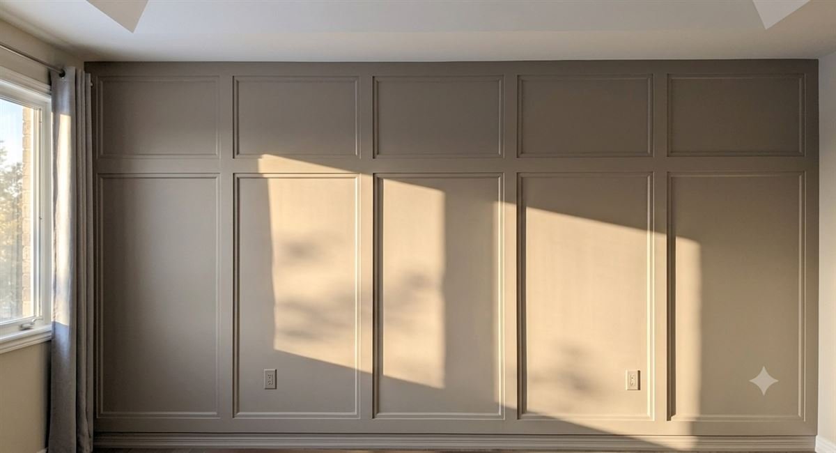 Interior board and batten wall with inset moulding, a mid rail splitting the wall into two rows of framed bays, all painted one greige colour